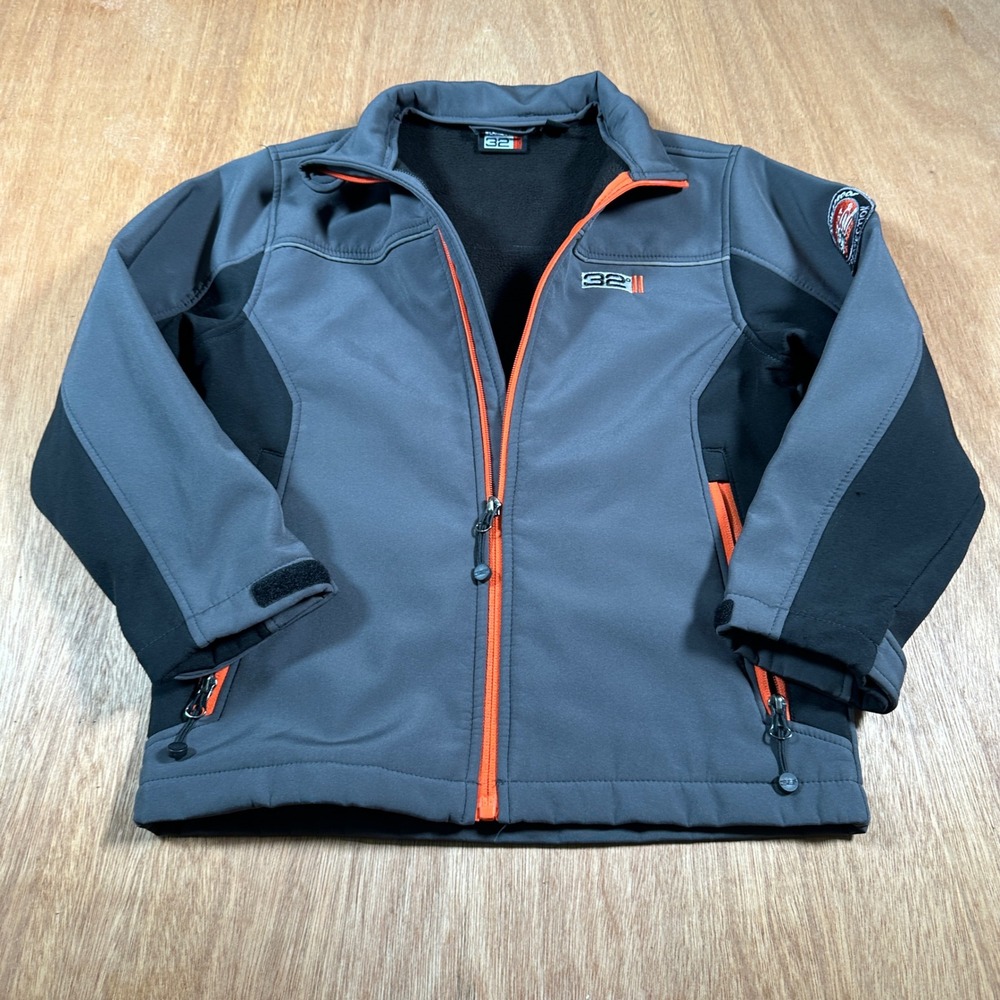 32 Degrees Softshell Jacket Kids Size 7 Grey Orange Weatherproof Fleece Lined